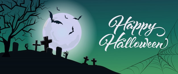 Happy Halloween lettering with graveyard, moon and web