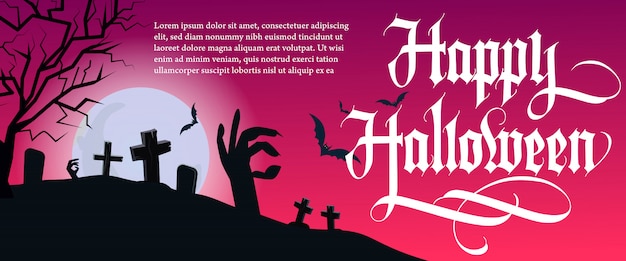 Happy Halloween lettering with tree and cemetery