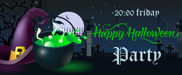 Happy Halloween Party. Friday lettering. Witch hat and cauldron