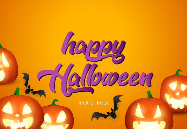 Happy Halloween poster design with pumpkin heads and flying bats 