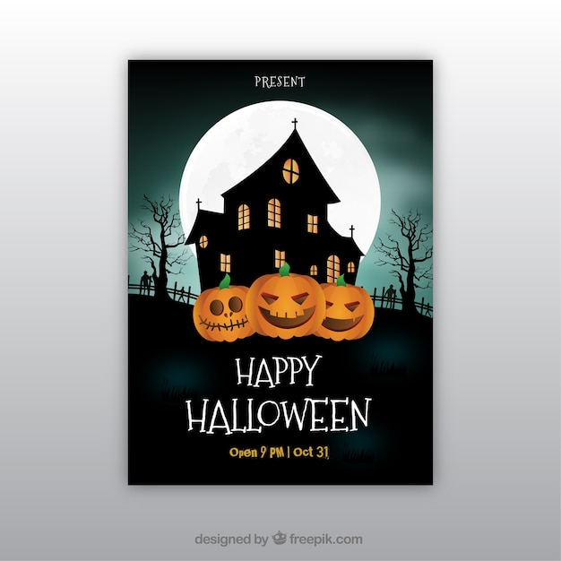 Free Vector happy halloween poster with haunted house and pumpkins