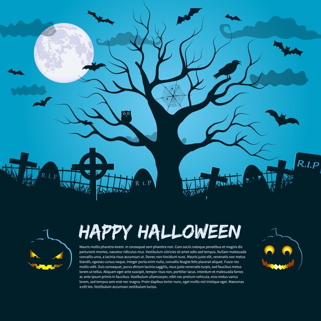 Happy Halloween poster with silhouette of dead tree at moon night sky and place for invitation text flat