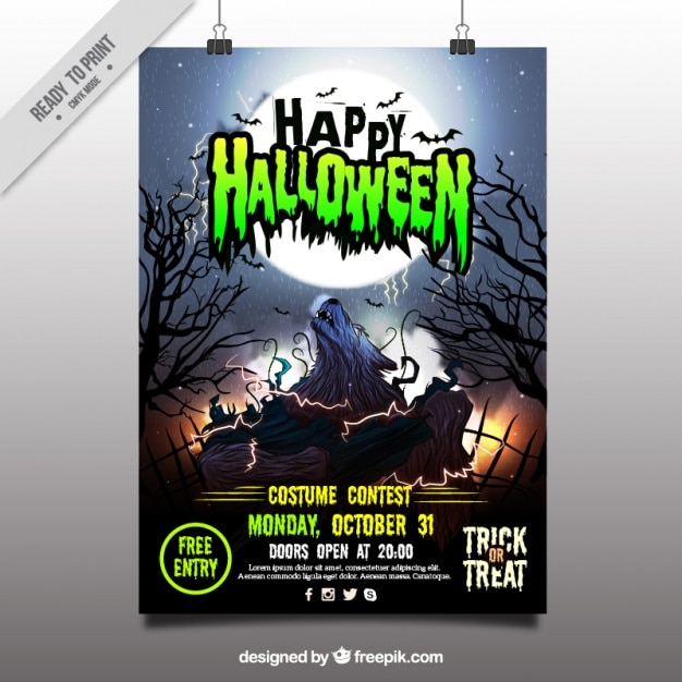 Free Vector happy halloween poster with wolf howling at the moon