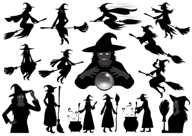 Happy Halloween Witch Vector Silhouette Illustration Set Isolated On A White Background.