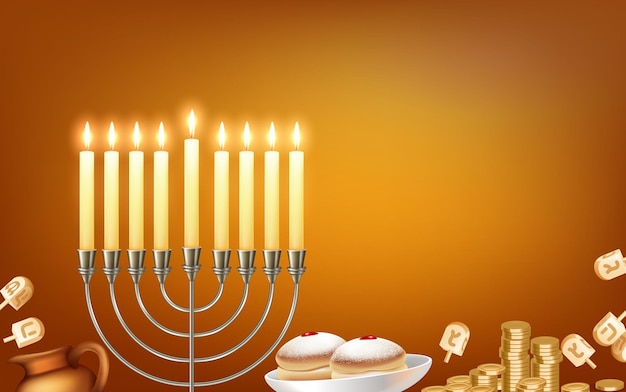 Free Vector happy hanukkah jewish festival celebration background with menora candelabrum lights six pointed david star symbols