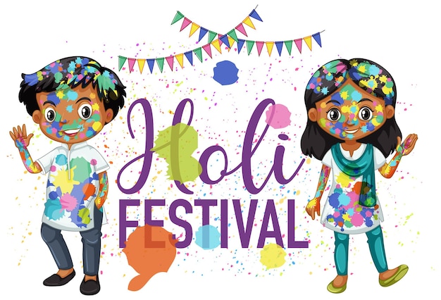 Free Vector happy holi fastival with kids cartoon character