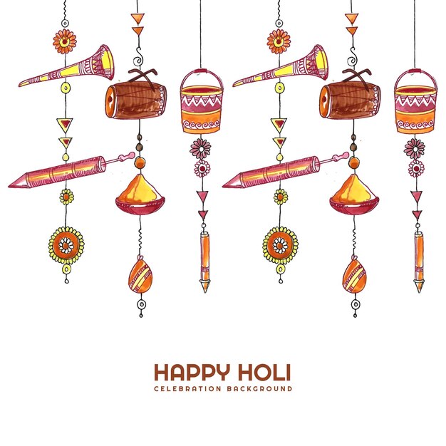 Happy holi on hanging holi elements card design