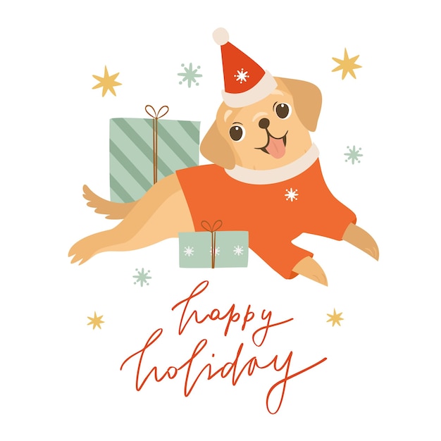 Free vector happy holidays golden retriever with gifts