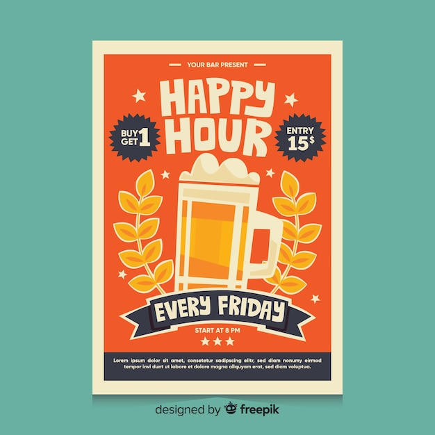 Happy hour poster with beer in a mug