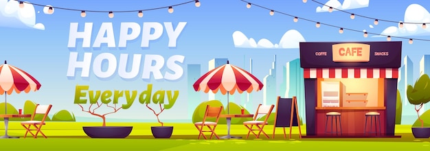 Happy hours in outdoor cafe with coffee and snacks. Banner template