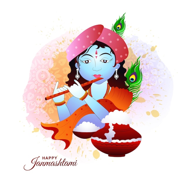 Free Vector happy janmashtami festival of india lord krishna playing bansuri background