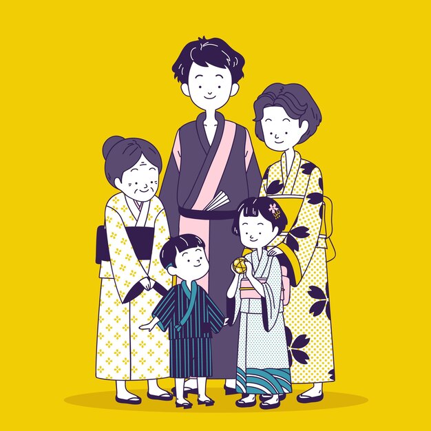 Happy japanese family wearing traditional clothes