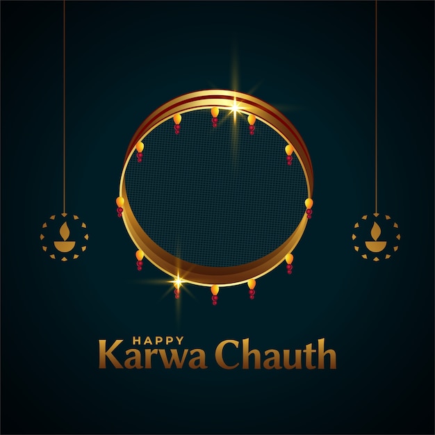 Happy karwa chauth card with sieve and diya 