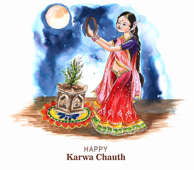 Free Vector happy karwa chauth celebration card watercolor design