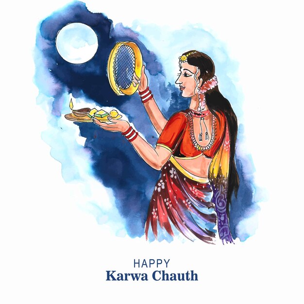 Happy karwa chauth celebration card watercolor design