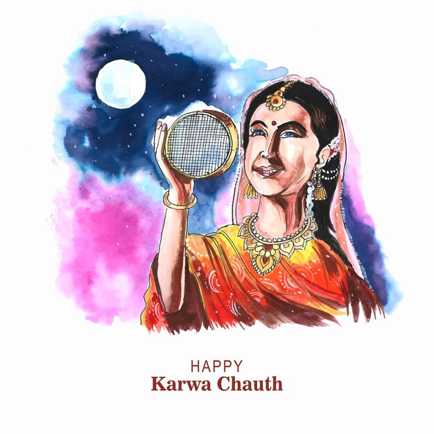 Happy karwa chauth celebration card watercolor design