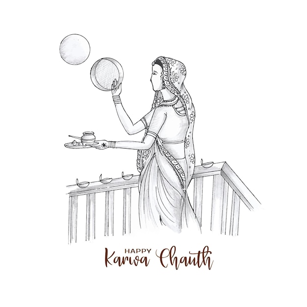 Free vector happy karwa chauth festival greeting background with beautiful indian lady