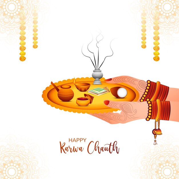 Happy karwa chauth with decorated puja thali of greeting card background