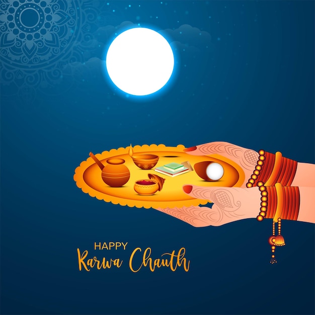 Free Vector happy karwa chauth with decorated puja thali of greeting card background