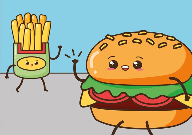 Happy Kawaii, french fries and burger, food design, illustration