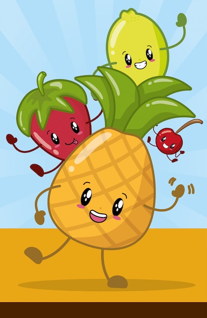 Free vector happy kawaii fruits emojis