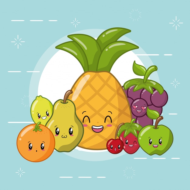 Free vector happy kawaii fruits emojis