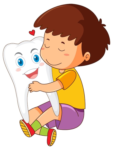 Happy kid hugging a big tooth on white background