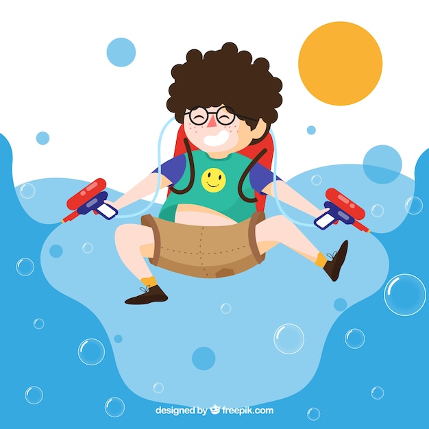 Happy kid playing with water guns