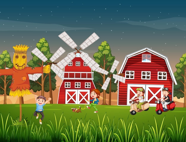 Free vector happy kids in farm landscape