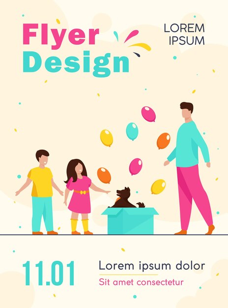 Happy kids getting dog as gift from dad flyer template