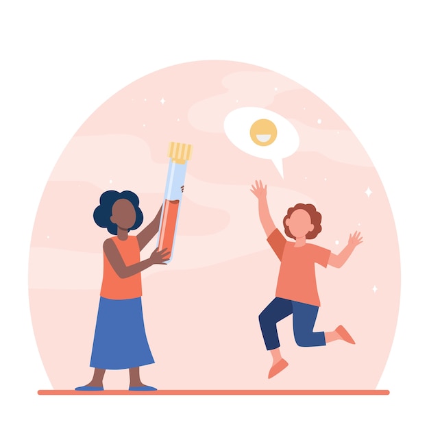 Happy kids holding large flask with blood. Pandemic, coronavirus, diagnostics flat vector illustration. Medicine and analysis