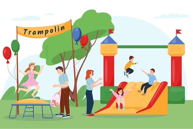 Free Vector happy kids jumping on trampoline and sliding down inflatable slide in amusement park flat composition vector illustration