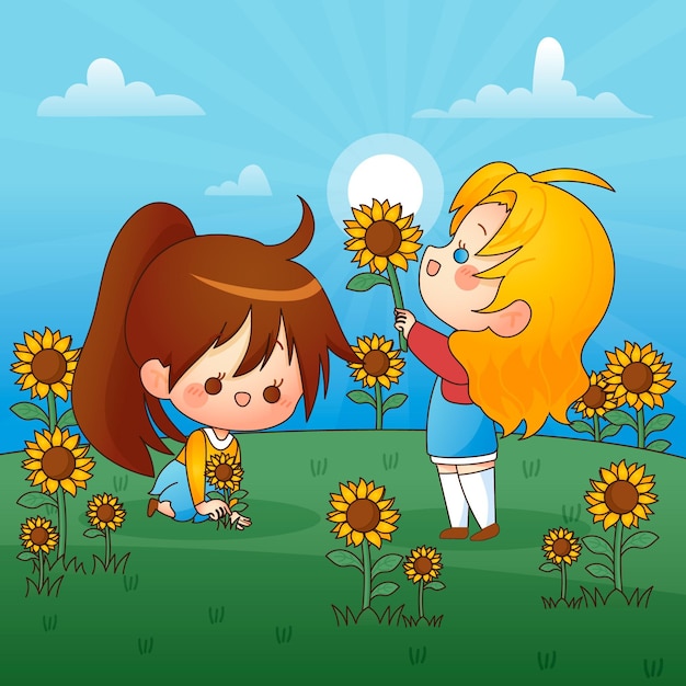 Free Vector happy kids playing with sunflowers