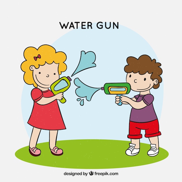 Free Vector happy kids playing with water guns