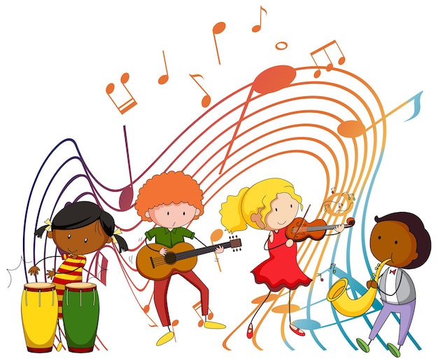 Happy kids with music melody symbols on white background