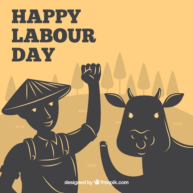 Free Vector happy labour day background with bull and farmer