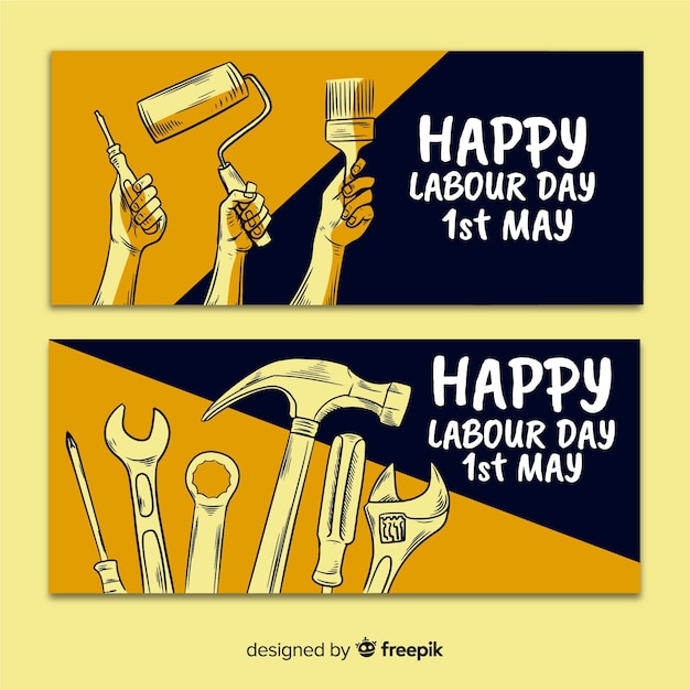 Free Vector happy labour day hand drawn banner for web and social media