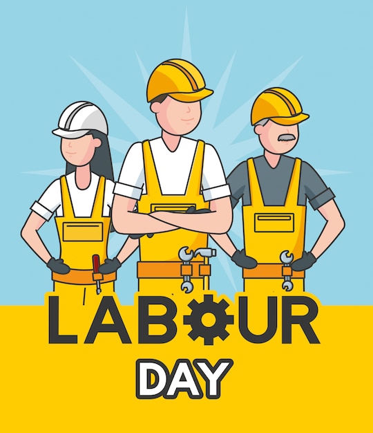 Happy labour day labourers in a blue illustration 