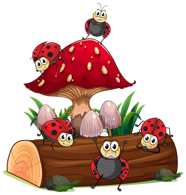 Free vector happy ladybugs on a mushroom