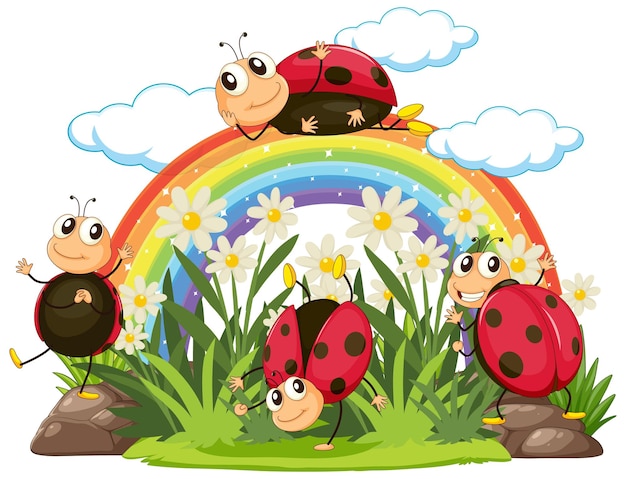 Free vector happy ladybugs under rainbow