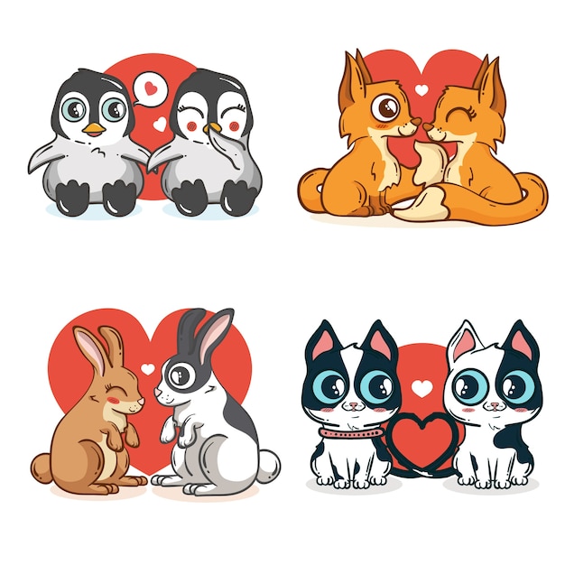 Free vector happy lovely animal couples for valentine