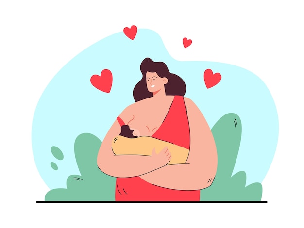 Happy loving mother breastfeeding her baby flat illustration.