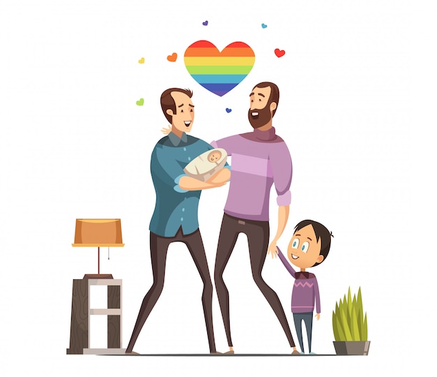 Free Vector happy loving same-sex gay couple with newborn baby and little son at home retro cartoon vector illus