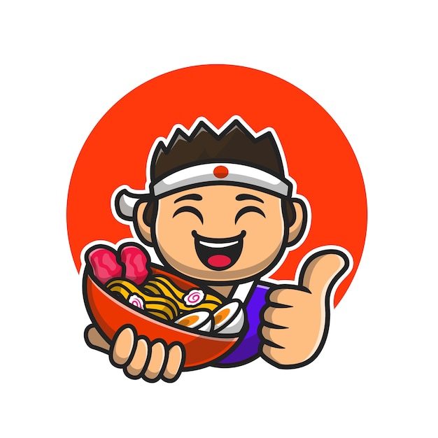 Free Vector happy male chef holding ramen noodle cartoon  icon illustration.