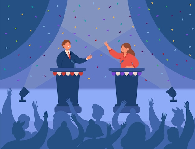 Free Vector happy male and female politicians greeting each other on stage. speakers standing at rostrum, having debate in front of audience flat illustration