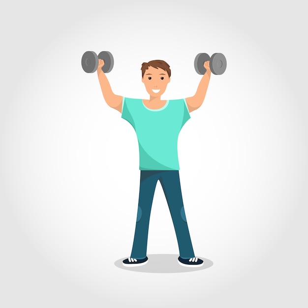 Happy Male Standing Training with Gray Dumbbell