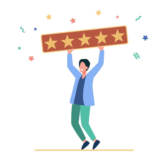 Free Vector happy man holding five golden stars. customer, review, social media flat illustration