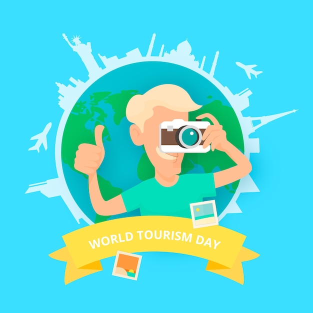 Happy man taking photos with earth background