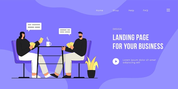 Free Vector happy man and woman sitting at table and playing cards landing page template