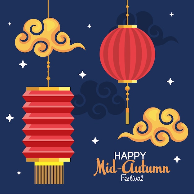 happy mid autumn festival card with lamps